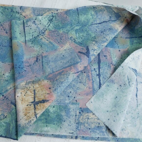 1990s FABRIC Decorator Geometric Speckled Cotton 2 Pieces 56x49, 48x19 Blue Aqua - Picture 2 of 10